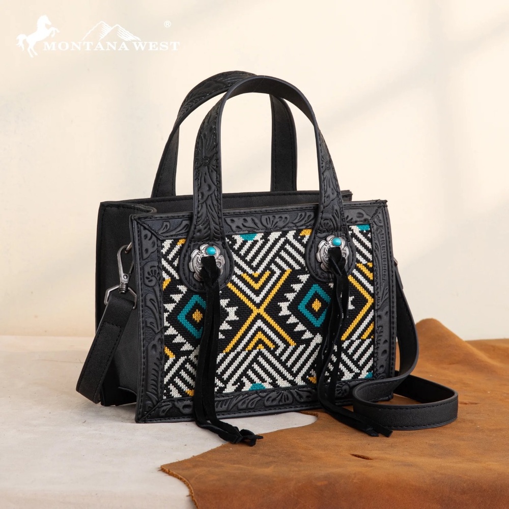 Montana West Aztec Tapestry Mini Tote/Crossbody Black NWT